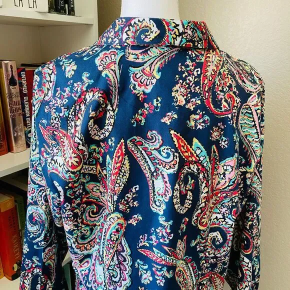 CHICO'S Paisley Blue Printed Button Down Long Sleeve No-Iron Top Size Large - Picture 6 of 9